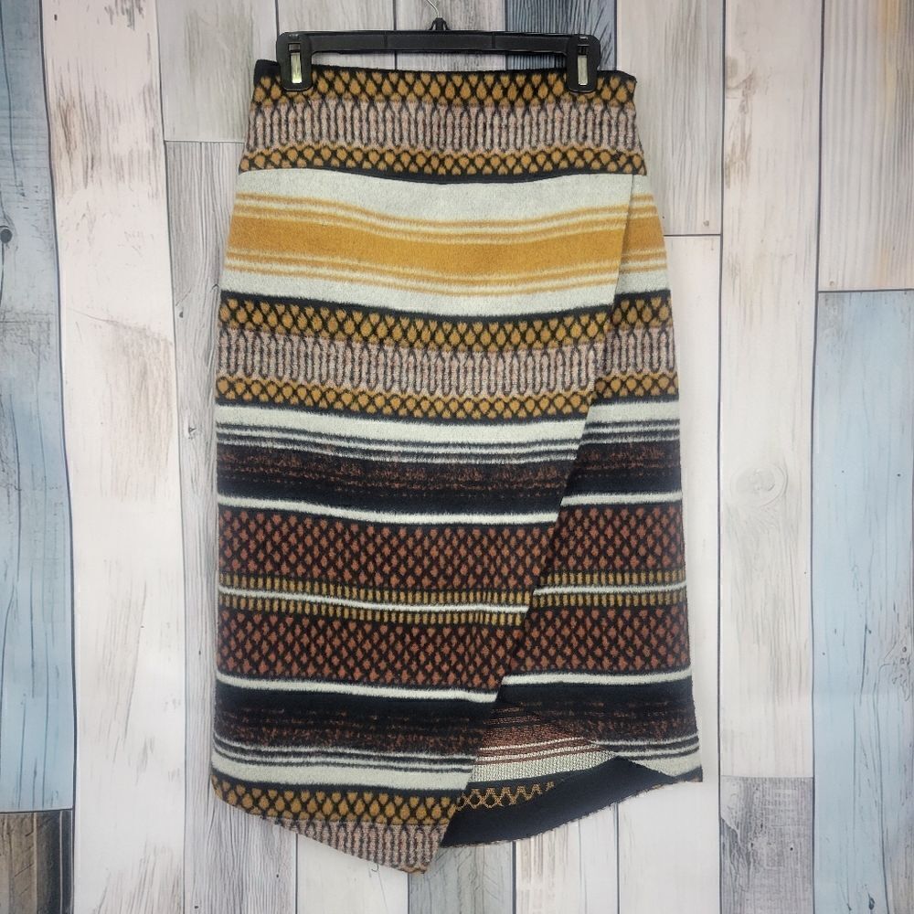 Free People Brown Yellow Striped Faux Wrap Knee High Skirt